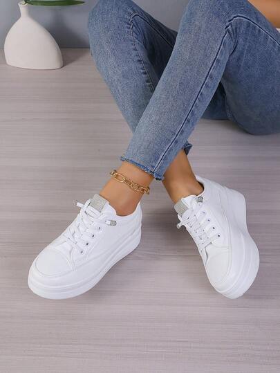 女士时尚百搭休闲运动鞋，透气一脚蹬运动鞋，系带厚底鞋，隐藏式坡跟