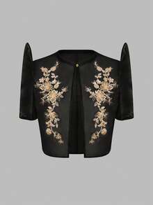 Amyenjoylife 现代菲律宾风情女士优雅泡泡袖亮片图案短袖上衣 黑色夏季 - 黑色 - 查看 1