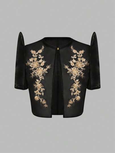 Amyenjoylife 现代菲律宾风情女士优雅泡泡袖亮片图案短袖上衣 黑色夏季