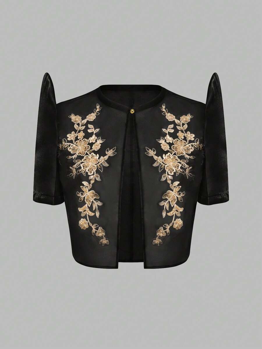 Amyenjoylife 现代菲律宾风情女士优雅泡泡袖亮片图案短袖上衣 黑色夏季 - 黑色 - 查看 1
