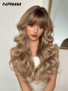 NAMM 26 英寸挑染棕金色波浪假发，宽松长卷发，带刘海，深色发根，高品质耐热纤维合成长卷发假发，适合时尚女性和女孩派对角色扮演使用 - 紫色 - 查看 2