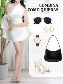 Vestido corto y minimalista de mujer en color liso, con tirantes de lazo y sin mangas, de color claro - Beis - Ver 10