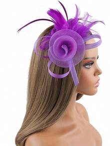 Fascinators Hats Women,Tea Party Fascinator Hair Clip With Feathers Wedding,Derby Hats Headbands - Ha9462-purple - View 3