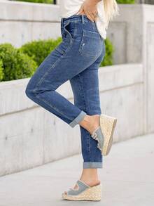 Womens Casual Elastic Waist Pull On Jeans Lightweight Drawstring Denim Pants - Màu xanh lam - Xem 2