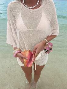 Women Sheer Mesh Poncho Top Crochet Knit Lightweight See Through Shawl Wrap Summer Oversized Loose Shrug Beachwear Swimsuit Bikini Cover Ups - 白色 - 查看 5