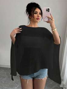 Women Sheer Mesh Poncho Top Crochet Knit Lightweight See Through Shawl Wrap Summer Oversized Loose Shrug Beachwear Swimsuit Bikini Cover Ups - 黑色 - 查看 4