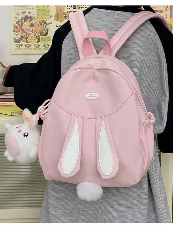 This Pink And Blue Bunny Ears Shoulder Bag Is A Simple And Versatile Backpack With A Cute Pendant, Perfect For Campus, Shopping, Outings, And Other Occasions.
