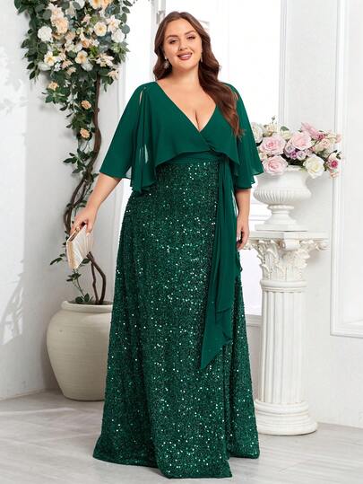 加大码雪纺亮片V领蝴蝶袖长款晚礼服、舞会礼服，适合婚礼宾客、毕业典礼、晚宴