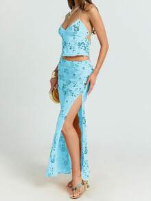 Women Y2k Halter Tops Sequined Beaded Flower Sleeveless Spaghetti Straop Crop Tank Tops Summer Open Back Tops Slim Fit Vest Party Clubwear Beach Vacation Clothes - Màu xanh lam - Xem 5