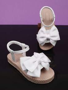 1 Pair Plus Size White Flat Sandals For Toddler Girls, Solid Color PU Adjustable Buckle Bow Decor, Open Toe Comfortable Cute Roman Sandals Suitable For 3-15 Years Old Students Daily, Casual, Travel, Summer - trắng - Xem 1