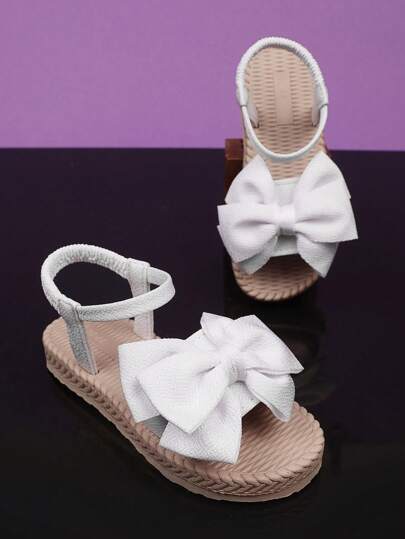 1 Pair Plus Size White Flat Sandals For Toddler Girls, Solid Color PU Adjustable Buckle Bow Decor, Open Toe Comfortable Cute Roman Sandals Suitable For 3-15 Years Old Students Daily, Casual, Travel, Summer