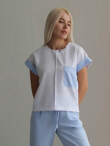 cimmuovere Damen Kontrast V-Ausschnitt Kurzarm Taschen Lässig Pflege Uniform Frostoptik Oberteil