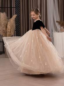 Váy dự tiệc màu vàng lưới sequin thanh lịch cho bé gái tuổi mới lớn, váy công chúa phù hợp cho tiệc sinh nhật, tiệc chiêu đãi, sự kiện trang trọng, vũ hội, biểu diễn sân khấu, phù dâu, váy phù dâu, lễ kỷ niệm ngày lễ - Màu Khaki - Xem 3