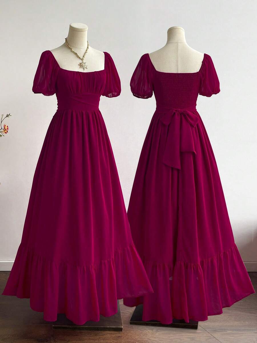 Rusttydustty 女士优雅休闲收腰红色雪纺长袖荷叶边连衣裙，适合新年、情人节等场合