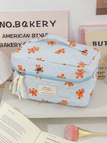 1 Pc/Set Cute Strip Print Cosmetics Storage Bag Foam Quilted Make Up Bag Cartoon Bear Pattern Travel Toiletry Bag Cute Blue Cosmetics Storage Bag Large Capacity Makeup Pouch Multi-Functional Items Organizer Bag Handheld Make Up Bag Zippered Pencil Case Jewelry Organizer Bag, Lip Oil Organizer Bag, Nail Polish Organizer Bag Sanitary Towel Storage Bag For Girl Birthday Gift Back To School Gift Girlfriend Gift - Blue - View 15