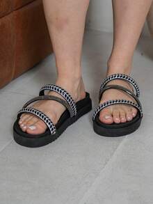Women's  Platform Sandal With Shiny Rhinestone Straps, Lightweight And Comfortable, Blogger - Glossy Black 5 - View 2