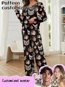 Printstory Customized Women's Pajama Set, Personalized With Pet, Character, Or Portrait Designs, Ideal For Holiday Or Bestie Gifts, Winter,New Year's Eve Outfit - Black - View 1