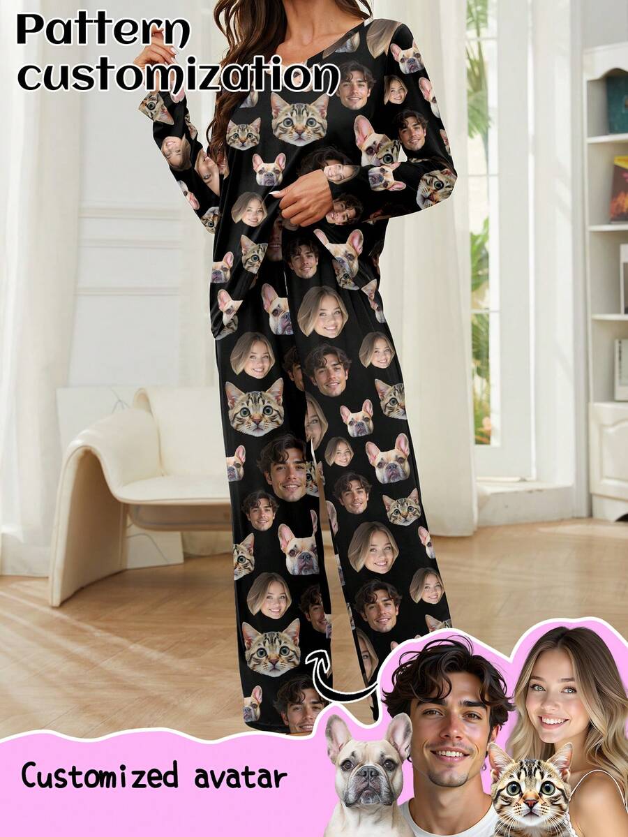 Printstory Customized Women's Pajama Set, Personalized With Pet, Character, Or Portrait Designs, Ideal For Holiday Or Bestie Gifts, Winter,New Year's Eve Outfit - Black - View 1