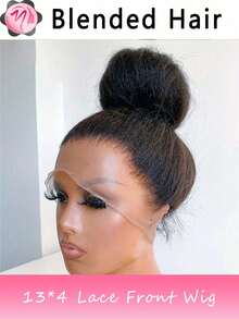 Blended Wigs-A Mix Of Human Blended Hair And Synthetic 13x4 Kinky Straight Lace Front Wig, 180% Density, Pre-Plucked Transparent Lace Closure, Natural Black For Women, Long & Voluminous Yaki Texture, Elegant Style, Everyday Style Wig Elegant Hairpiece Transparent Lace Front Blended Hair(Bob 8-16inch) - Natural & Black - View 2