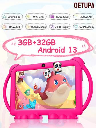 Qetupa Tableta para niños, Tableta Android 13 para niños de 7 pulgadas A133 con núcleo cuádruple, 3GB RAM+32GB ROM, control parental, cámara dual 0.3MP+2.0MP, WiFi 2.4G, 3000mAh