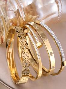 4 件/1 件 18K 镀金不锈钢可叠戴手镯，经典镂空罗马数字和心形设计，时尚欧美休闲、派对、节日风格腕饰，适合女士、生日、婚礼、挚友、情人节礼物 - 手鐲A - 查看 3