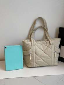 简约纯色新款绗缝手提包，春夏必备。轻便实用，容量大，配有多个口袋、肩带、拉链封口、双肩带和一个美观的腋下口袋，适合通勤、上学、购物和收纳。 - 粉色 - 查看 12