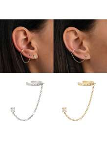 1 pieza Pendiente con cadena de oreja única para mujer | Pendientes de aro con doble perforación y cadena | Pendientes de mujer con circonita cúbica