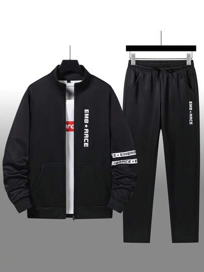 Bedrucktes Fleece Sportswear Set mit Reißverschluss, geeignet für Frühling und Herbst