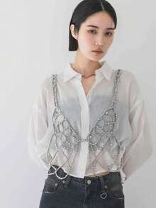 DEKUNER 1 件 2025 年新款女孩白金珍珠吊带背心上衣甜美性感女孩时尚珍珠短款上衣 - 銀色229 - 查看 2