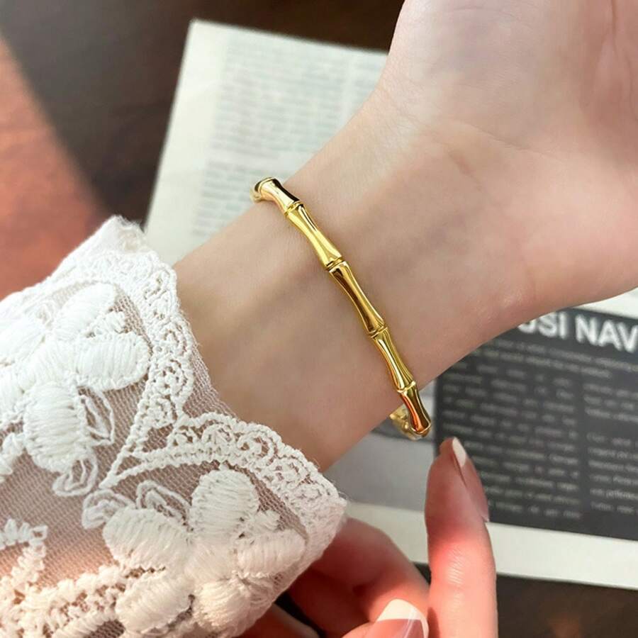 Solid 18k Stainless Steel Bamboo Bracelet For Women - 金色 - 查看 1