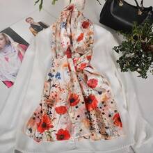 100% Mulberry Silk Scarf For Women Lightweight Long Scarves Beach Wraps Cover Up -Travel Photography Scarfhalloween - 紅色花卉 - 查看 5