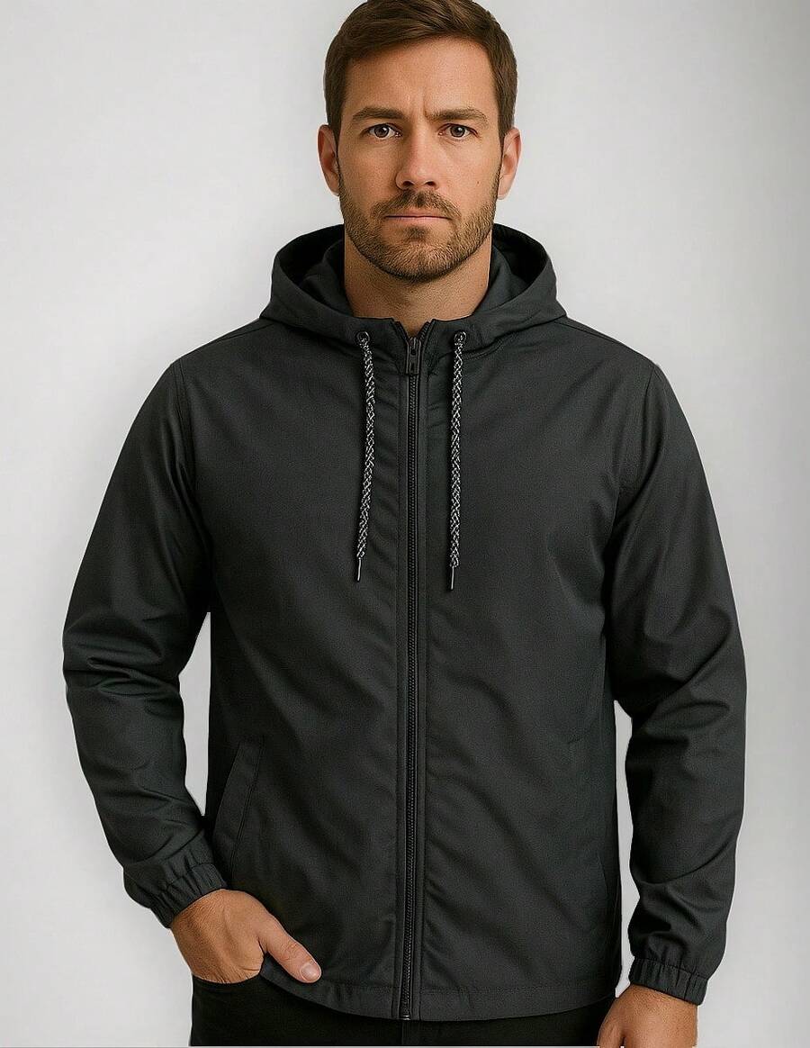 Men's Lightweight Plain Water-Repellent Windbreaker Jacket With Hood - Timbal+Halus+M - View 1