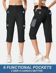 KEFITEVD Women's Cargo Capris Lightweight Hiking Capri Pants With Pockets Water Resistant Summer Travel Outdoor Casual - 黑色 - 查看 2