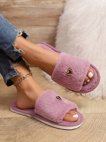 新款女士简约时尚爱心装饰毛绒露趾拖鞋，舒适蓬松家居拖鞋，适合室内/卧室/客厅穿着，春秋季皆宜。 - 紫色 - 查看 3