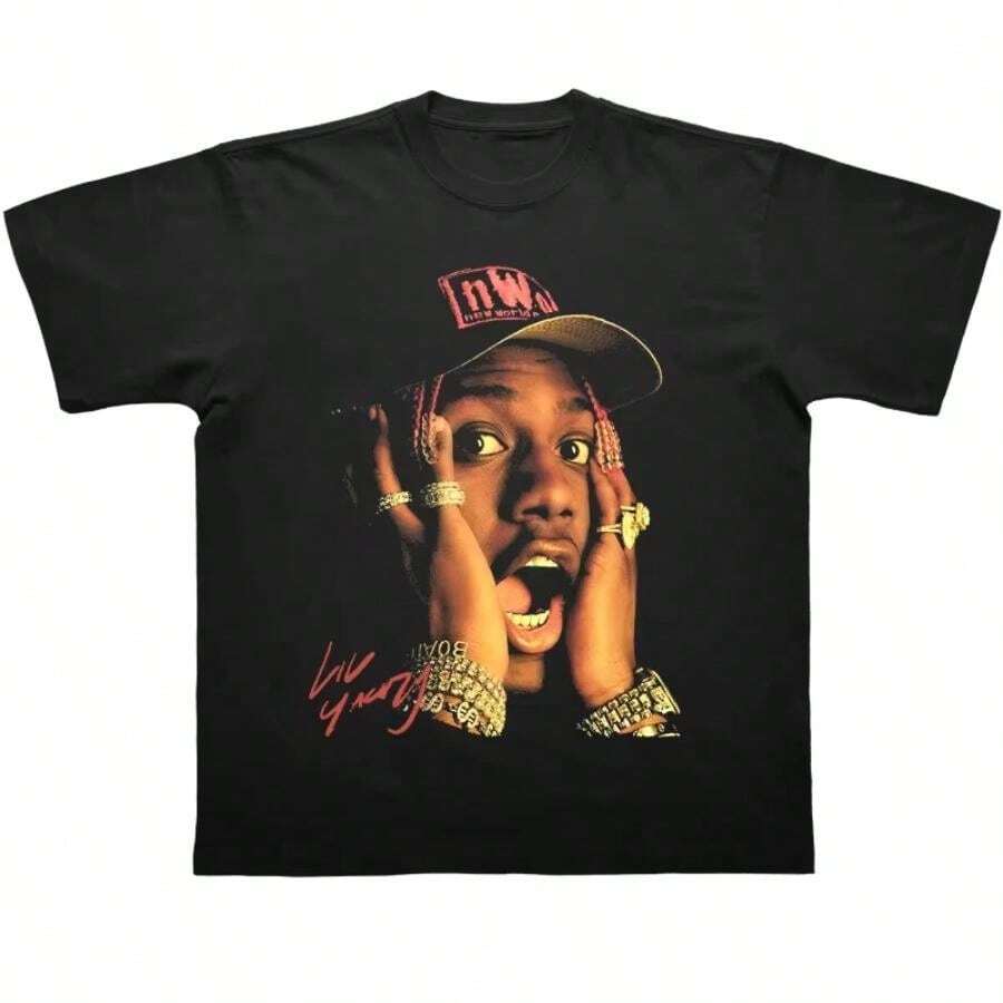 Rapper Cotton T-Shirt Unisex Men Women Causal Hip Hop Tops Summer Round Neck Short Sleeve Ocean Graphic Tee Big Size - 黑色 - 查看 1