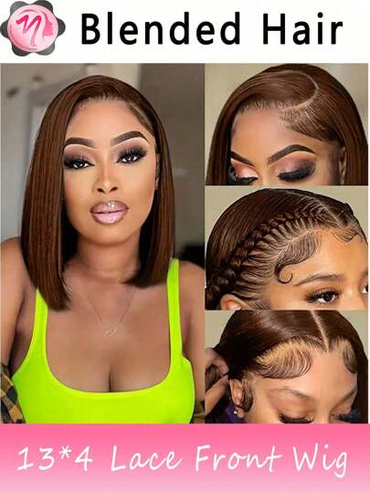 Pelucas mezcladas: una mezcla de cabello humano mezclado y sintético con una densidad del 180% Peluca bob de onda corporal de color marrón chocolate de 13x4 con encaje transparente y cabello humano mezclado sin pegamento para mujeres, regalo del Día de San Valentín (pelucas bob de 6-16 pulgadas) Cabello mezclado para ella, mujeres, novias, esposa