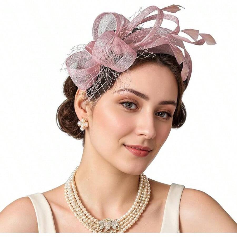 Fascinators Hats Women,Tea Party Fascinator Hair Clip With Feathers Wedding,Derby Hats Headbands - Ha9461- Hồng - Xem 1