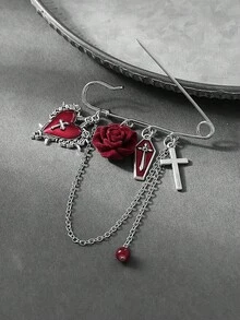1 件复古哥特式玫瑰花心形十字盾形装饰链流苏胸针，适合女士节日派对装，可调节腰带扣，帽子装饰，多功能配饰 - 彩色 - 查看 4