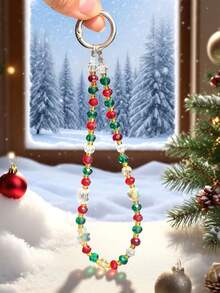 1pc Christmas Element Red & Green Glass Beaded Phone Lanyard, Phone Keychain Pendant, Suitable For Party, Wedding Gift