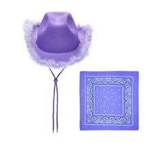 Adjustable Chin Strap Cowboy Hats Cowgirl Hat With Scarf For Women Girls Cowboy Costume Theme Party - 紫色毛邊和方巾 - 查看 2