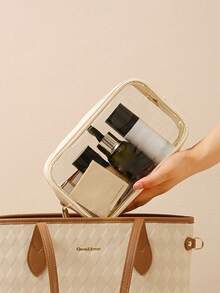 1 pieza Bolsa de aseo transparente impermeable, de gran capacidad y portátil para maquillaje, viajes al aire libre, natación, adecuada para guardar ropa interior, toallas, ropa en la maleta; tamaño mediano para cosméticos, lápiz labial; tamaño pequeño para cargadores, lápiz labial, fácil de llevar en el equipaje - Beis - Ver 2