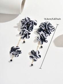 1 Pair Women's Elegant Zebra Print Fabric Flower Long Earrings, Suitable For Daily Wear (Bead Color Random) - Black and White 1094 - View 2