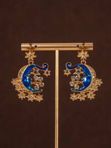 A Set Of Vintage Rhinestones Set With Sun, Moon, Stars, Blue Necklace, Brooch, Dual-Use Earrings Suitable For Daily Wear, Gifts, Dance Accessories