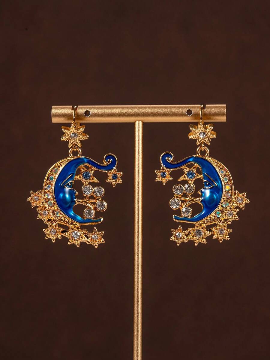 A Set Of Vintage Rhinestones Set With Sun, Moon, Stars, Blue Necklace, Brooch, Dual-Use Earrings Suitable For Daily Wear, Gifts, Dance Accessories