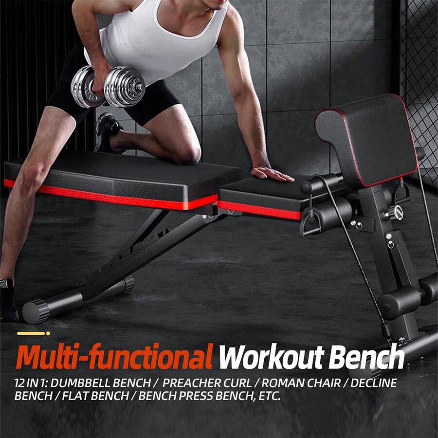 DDCAQIOUA Adjustable Fitness Bench, Workout Bench With Resistance Bands, Full Body Exercise Dumbbell Bench, Foldable Flat/Incline/Decline Bench, Suitable For Home Gym