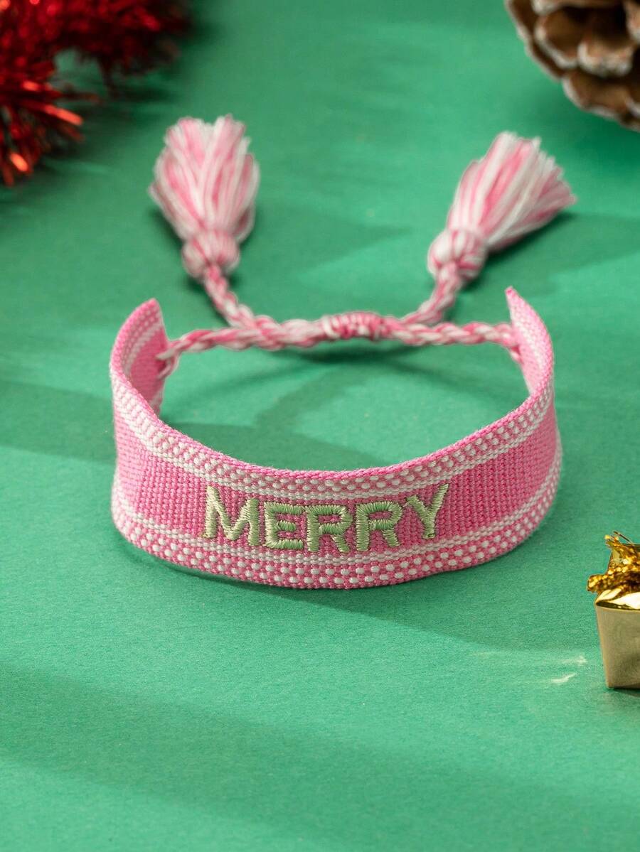 1 Pc Winter Season Thanksgiving Christmas Holiday Embroidered Tassel Bracelet , Christmas Gift For Friends Wife Daughter