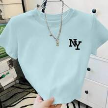 Cropped Women's T-Shirt In Lightweight Cotton Fabric Round Neck New Custom NY Enjoy Modern And Light - Màu xanh nhạt - Xem 1