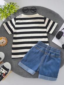 男婴条纹圆领T恤和破洞牛仔短裤套装 - 白色 - 查看 2