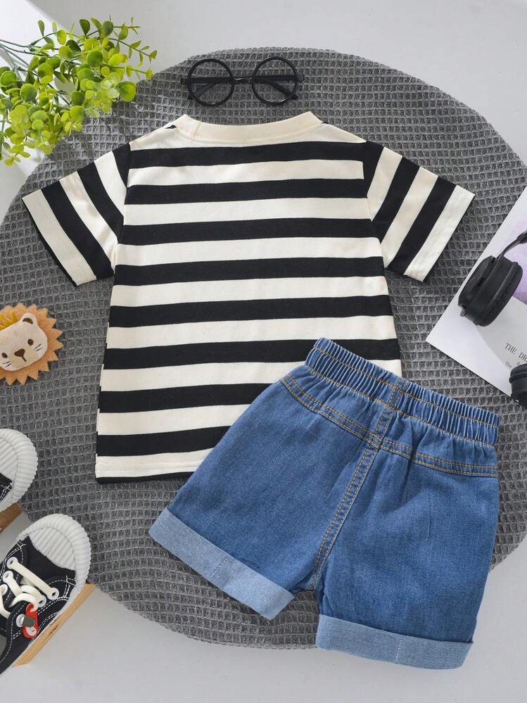 طقم قميص كريو رقبة مخطط وشورت جينز مبري للأطفال الصغار - أبيض - مشاهدة 2