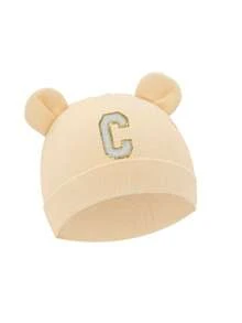 1顶新生儿A-Z字母医院帽，卡通熊耳朵柔软纯色针织帽，男女通用婴儿摄影道具，适合0-3个月宝宝 - 米色 - 查看 6